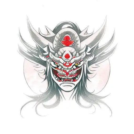 Japanese Girl Holding Oni Mask With Dragon