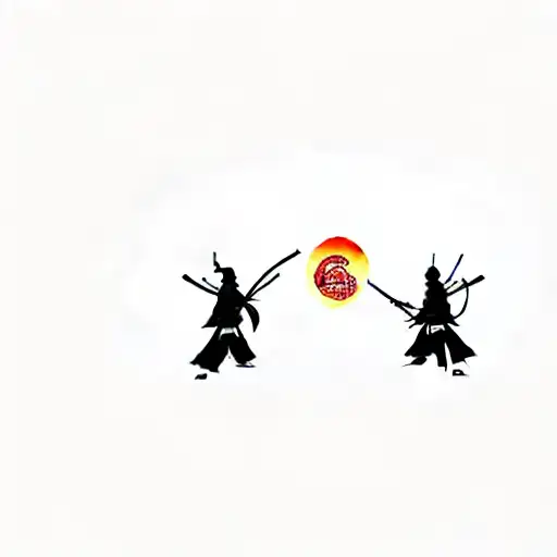 Two Samurai Fighting Next To A Japanese Maple Tree With A Sunset