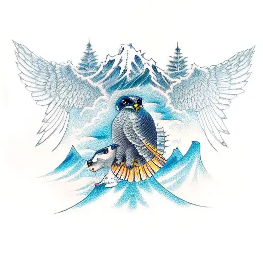 Full Back Sleeve Of A Peregrine Falcon With A Wolf And Witha Whale