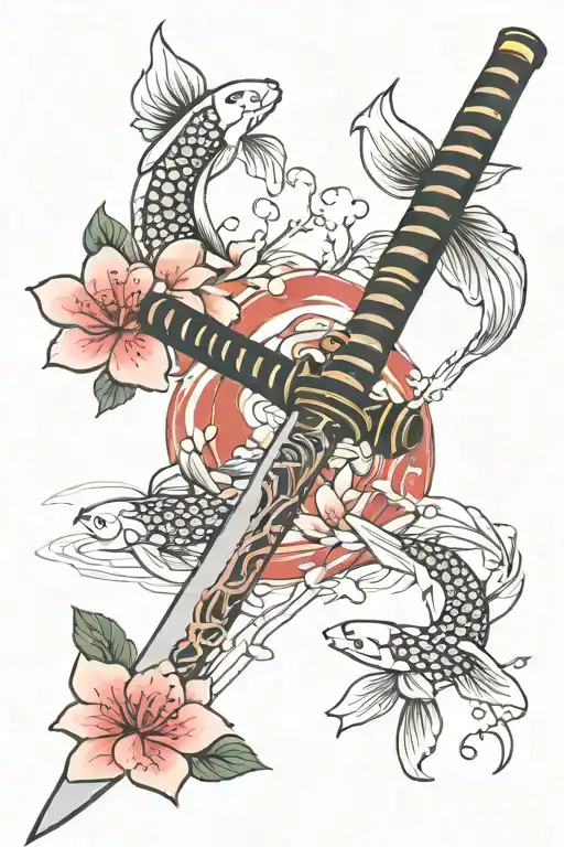 Katana Sword With Koi Around And Cherry Blossom Flowers