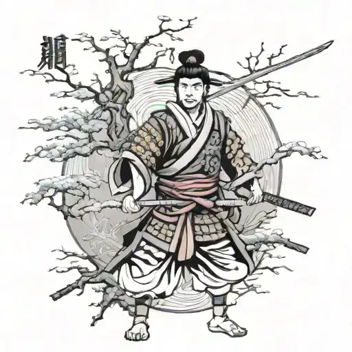 Samurai Warrior With Kanji Symbol With Tree In The Background