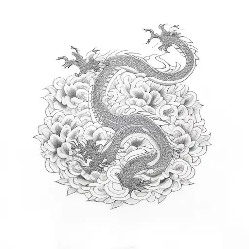 Dragon Emerges From Chrysanthemum And Peonys