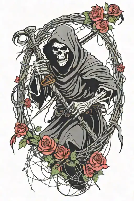 Grim Reaper With Roses And Barbed Wire