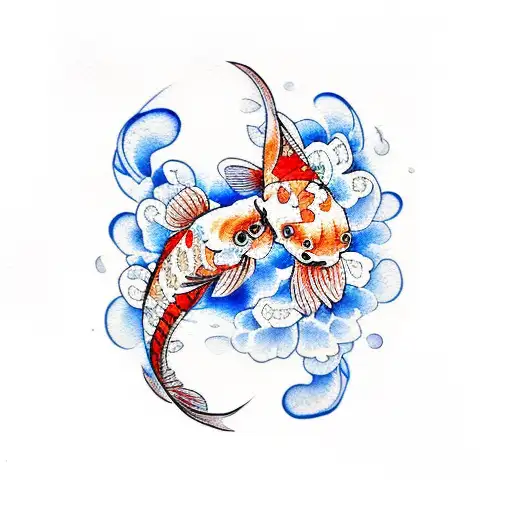 Watercolour Koi Fish With Flowers