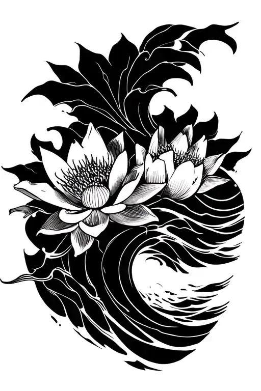 Japanese Wave And Lotus Flower