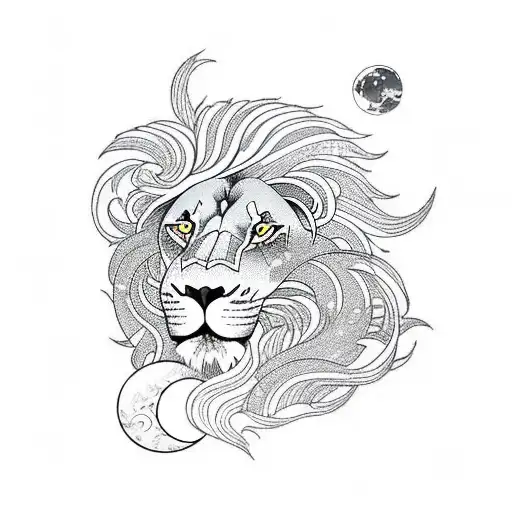 Lion With A Moon In The Background And Waves Below