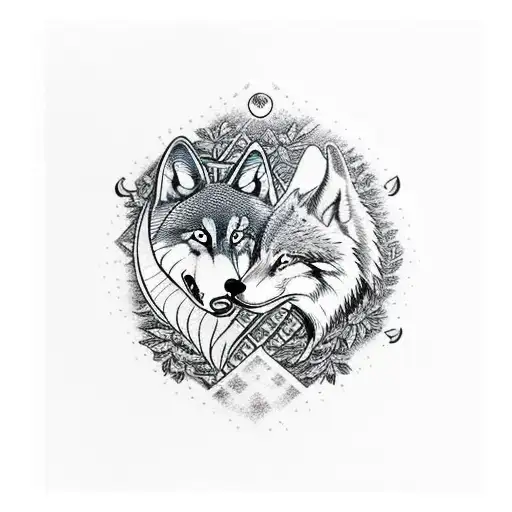 Wolf And Fox Chasing Each Others Tail