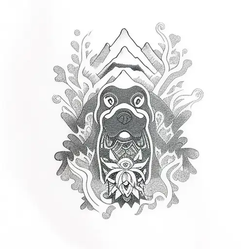 A Black And Grey Tattoo Of A River Flowing Through A Forest With A Xolotl Dog Standing Nearby