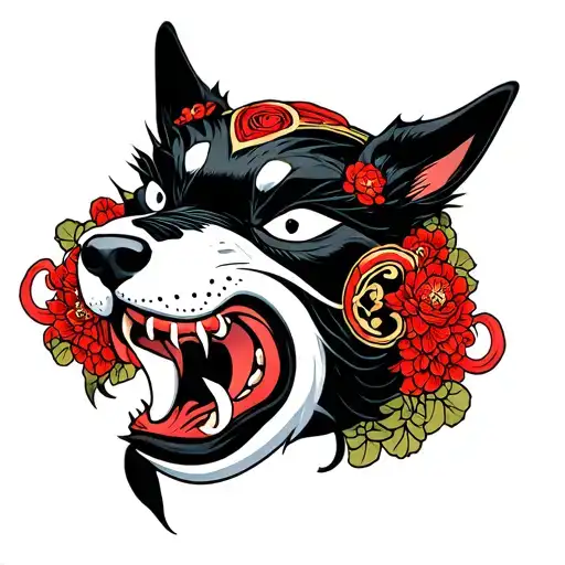 Oni Mask Of A Dog Biting A Teru Teru Bozu