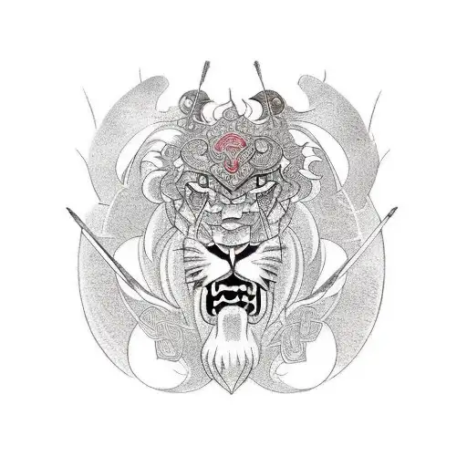 Ancient Celtic Welsh Warrior Stricking Lion