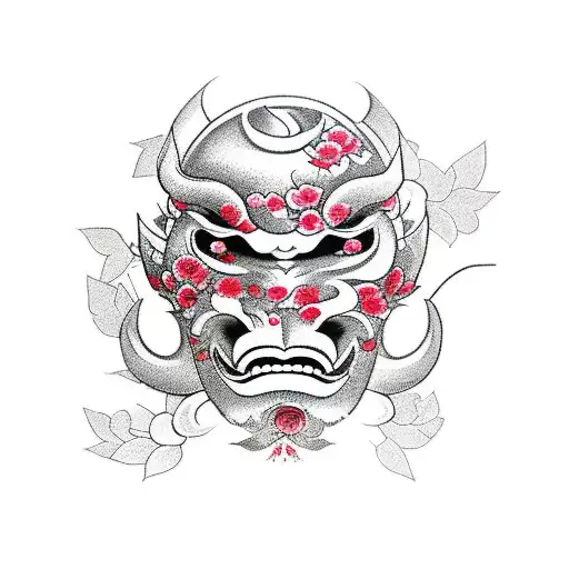 A Rose Under An Oni Mask With A Cherry Blossom Tree Over The Mask