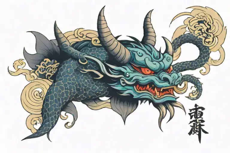 An Oni Mask And Lotus Flower Intertwined With A Dragon In A Traditional Upper Back Tattoo Design