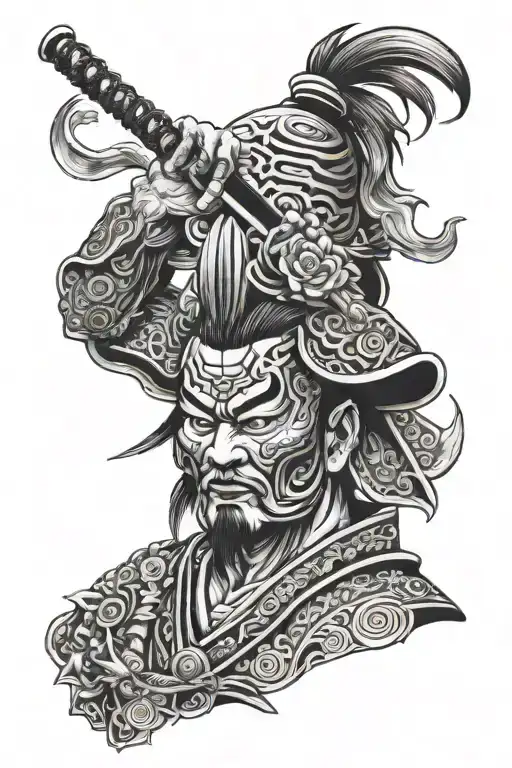 Bust Heavy Armored Evil Samurai With Sword In Hands Blade Near Face