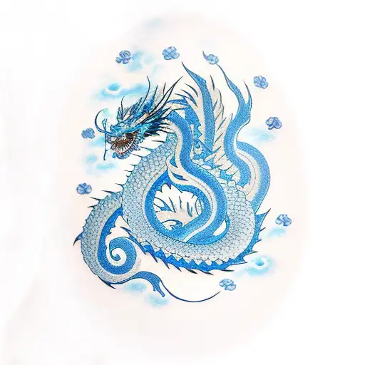 Light Blue Dragon With Cherryblossoms Tattoo