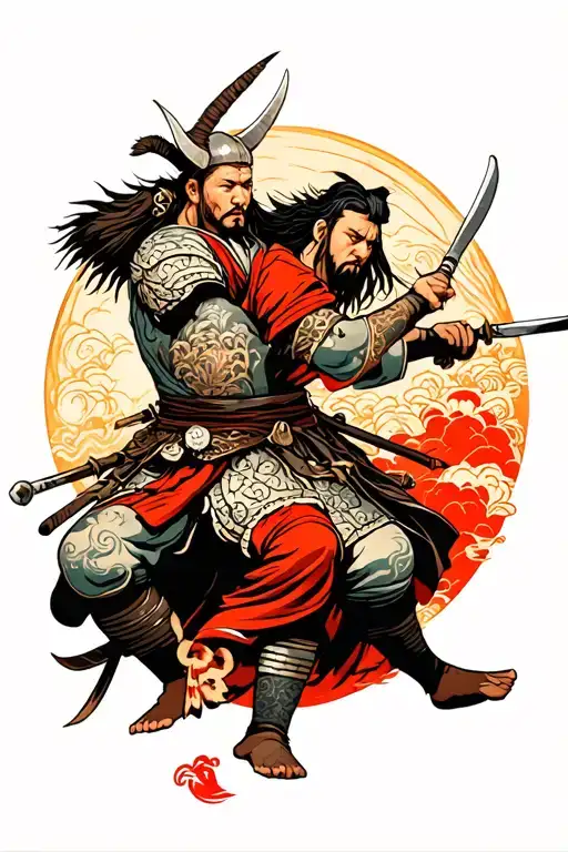 Viking Warrior And A Japanese Warrior Battling