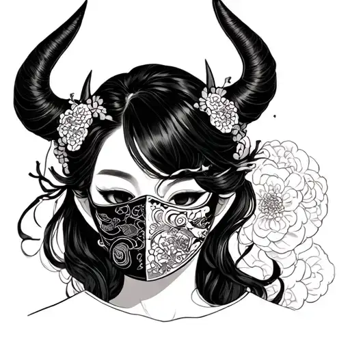 Female With Half Oni Mask Covering Mouth