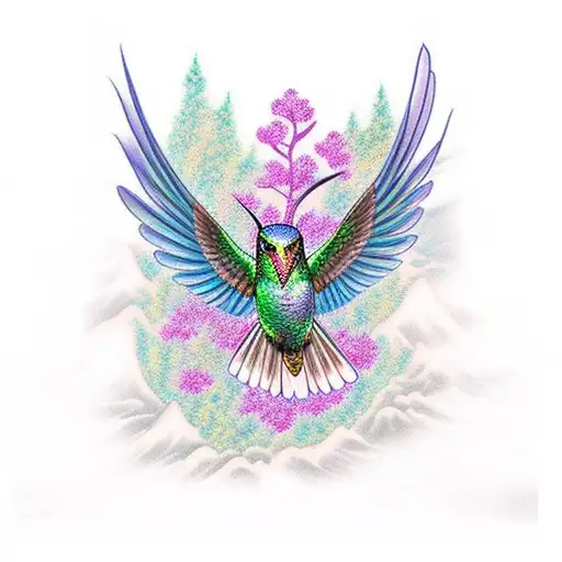 Hummingbird Phoenix And Great Owl With Mountains In Background And Clover Field In Foreground