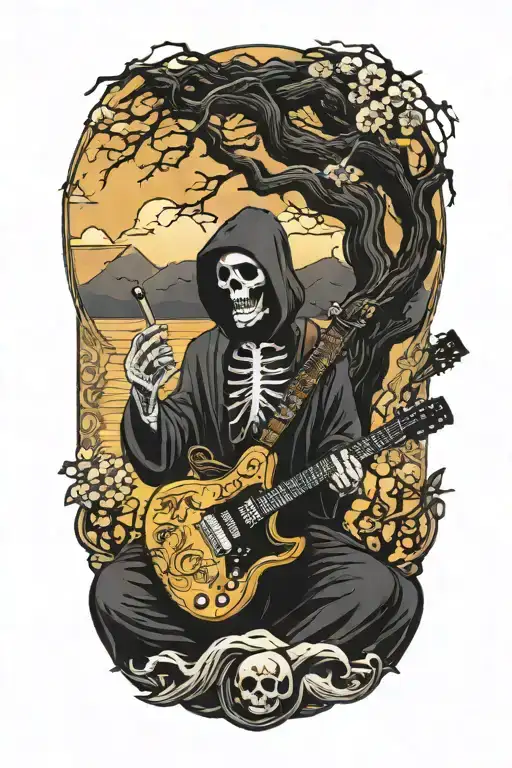 Tree Of Life Growing From Electric Guitar With Grim Reaper Drinking A Coffee