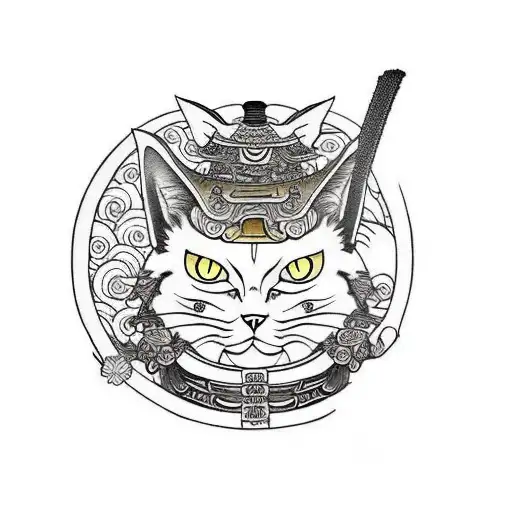 Samurai Cat With Catana And Moon Behind