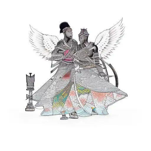 African Warrior Woman Playing Chess With An Angel