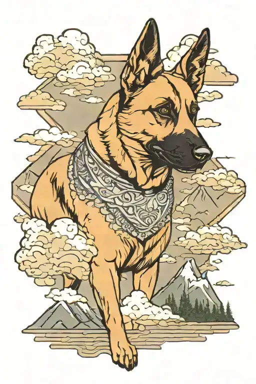 Belgian Malinois With Mountains And Clouds Background