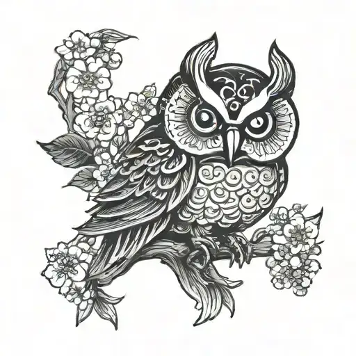 Owl Daruma Doll With Cherry Flowers