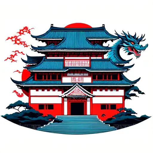 Japanese Castle With Dragon Around