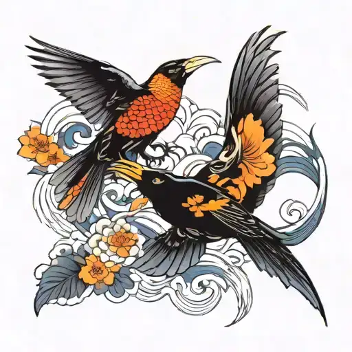 Crow And Koi Fish