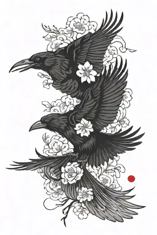 One Black Raven And One White Dove Flying And Lycoris Radiata