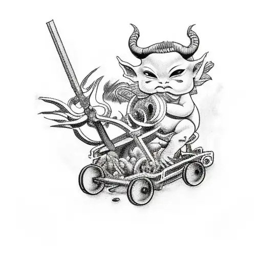 Sad Devil Baby In A Chariot Getting Pulled By 2 Goldfish