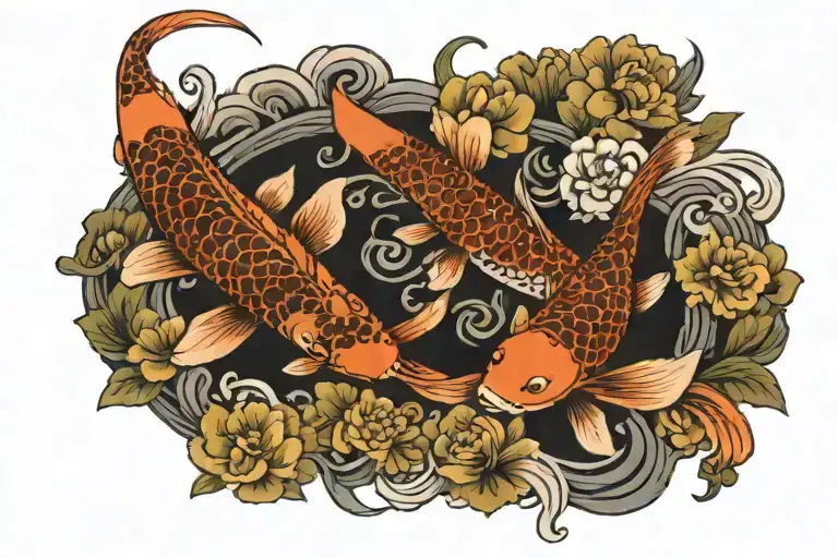 Koi And Peonese And Fox