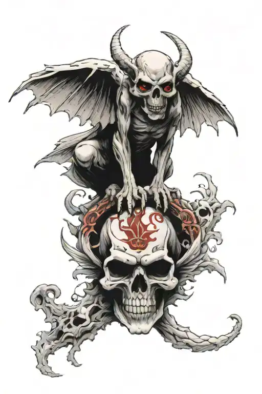 Scary Open Wings Gargoyle On Top Of A Skull
