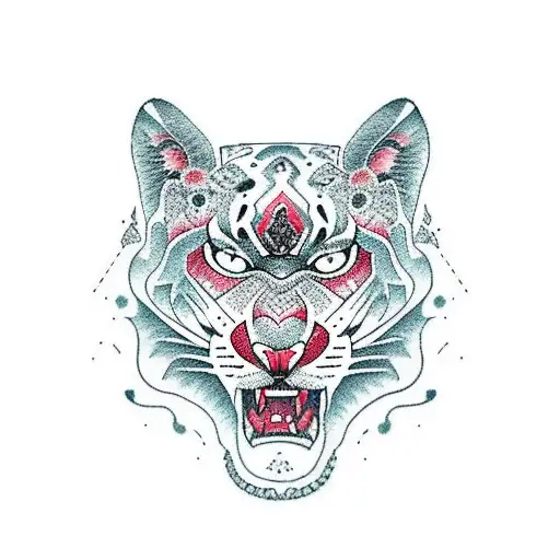 A Majestic Mountain Range With A Panther And Lycoris Rouge Flowers In Dotwork Style