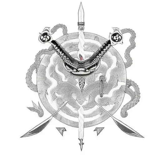 Kunai Wit A Chein At The Top With A Snake Around It And Sakura Fwollers Aroud It