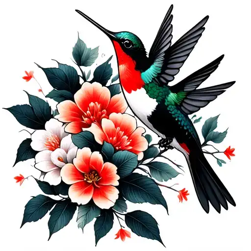 Hummingbirds Flowers In The Japanese Style Is Black Red
