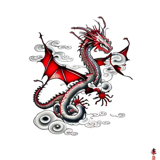 Dragon With Blood And Red Spider Lily And Cloud Full Arm