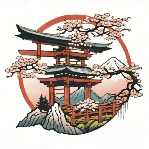 Tori Gate In Red With Mount Fuji In The Background And Sakura On The Sides