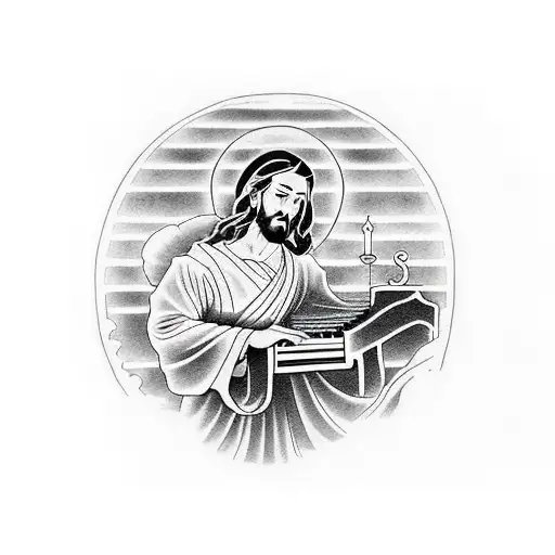 Jesus Christ Playing A Piano In Heaven Surrounded By Angelic Musicians