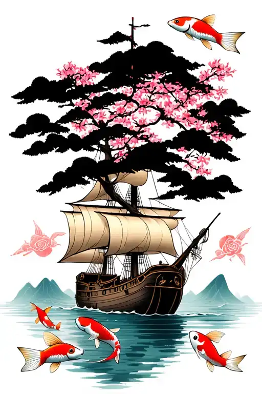 Sakura Tree And Pirate Ship With Koi Fish Swimming