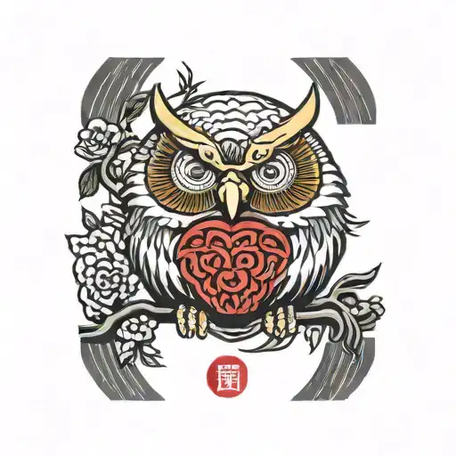 Daruma Owl In Grayscale With Red Accents