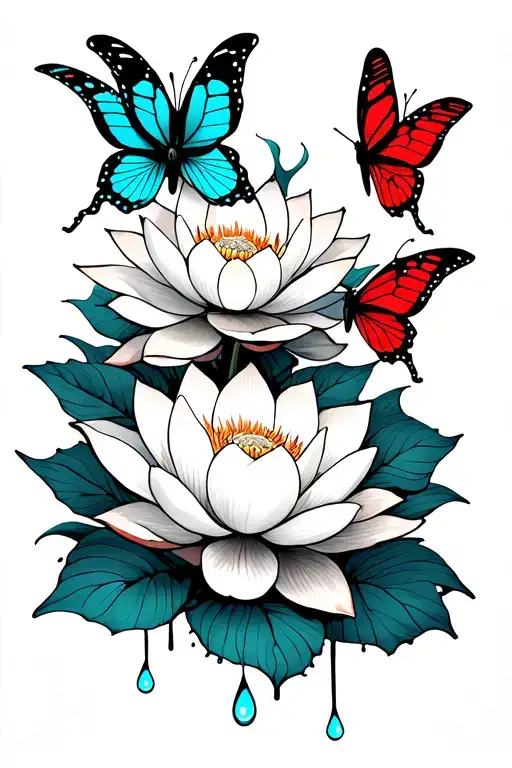 Lotus With Butterflies And Drops Of Blood