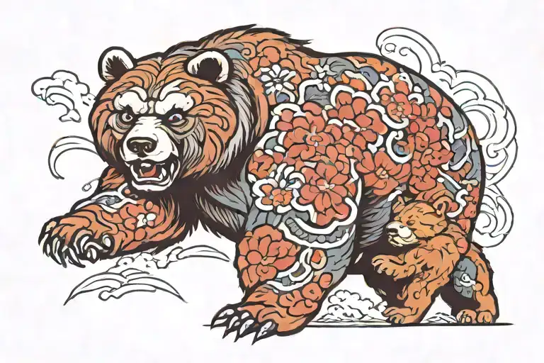 Angry Bear Protecting Three Children