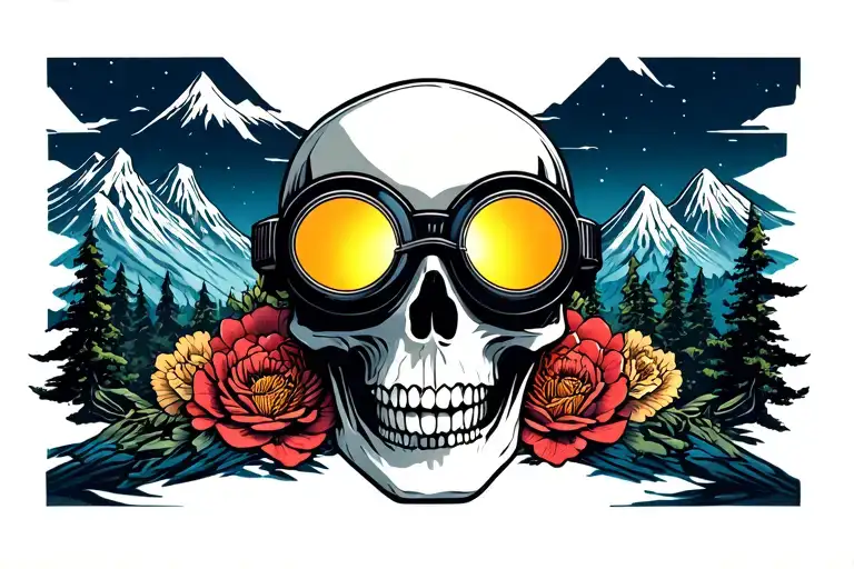 Night Vision Goggles On A Skull Surrounded By Mountains