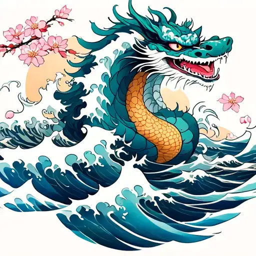 Shishi In Waves Of Water With Cherry Blossoms Falling