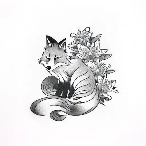 Japanese Fox With Lilies