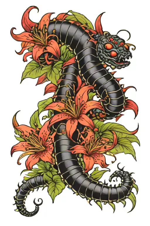 Black Centipede Wrapping Around A Red Lily Flower