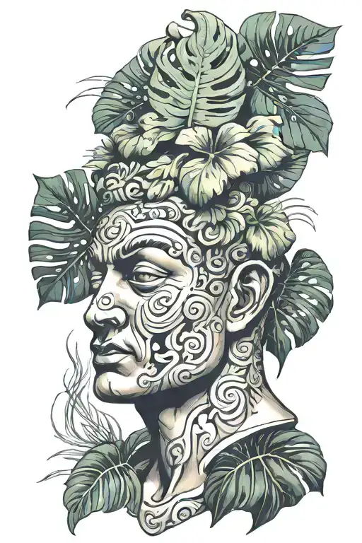 A Roman Head Statue With A Monstera Growing Out Of It