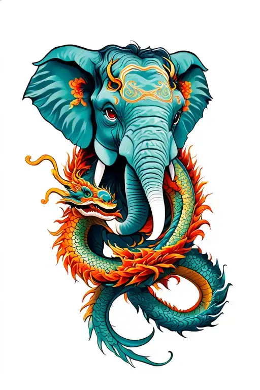 Elephant Face Wrapped With Dragon Intertwined
