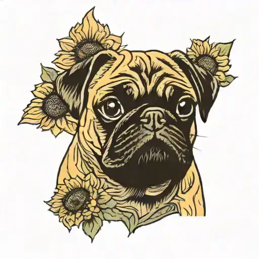 Dark Pug Face With Sunflower Blooming