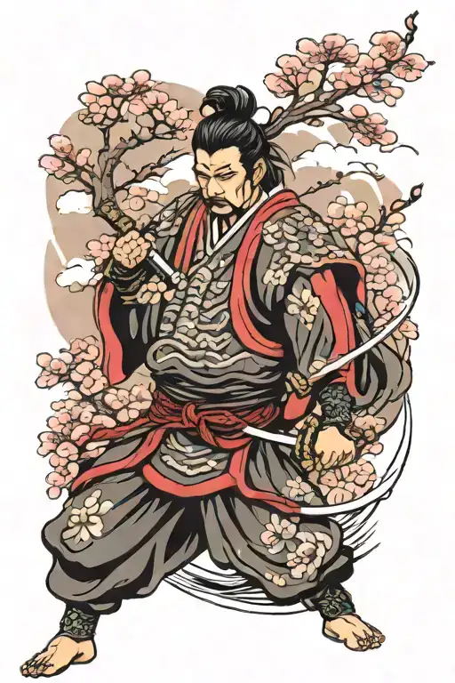 Samurai Warrior In Fighting Stance With Cherry Blossoms And Cloud Background Sleeve